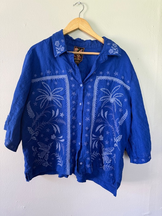 Johnny Was Tops - Johnny Was Blue linen Komono Sleeve Embroidered Paisley Collar Shirt XXL